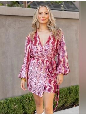 Buddy Love Pink Sequin Wrap Mini Dress with Belt